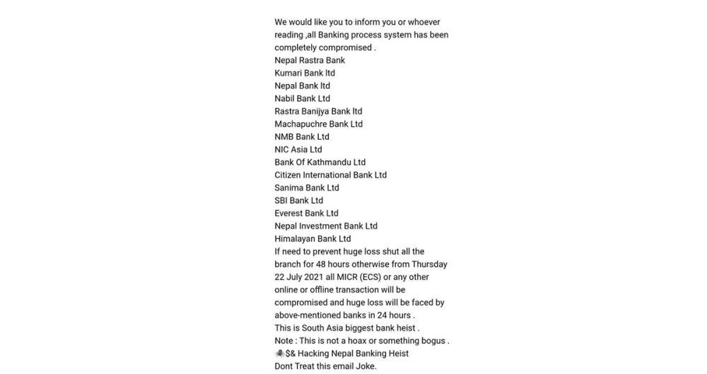 Banks of Nepal Received Email Threatening To Hack Banking System